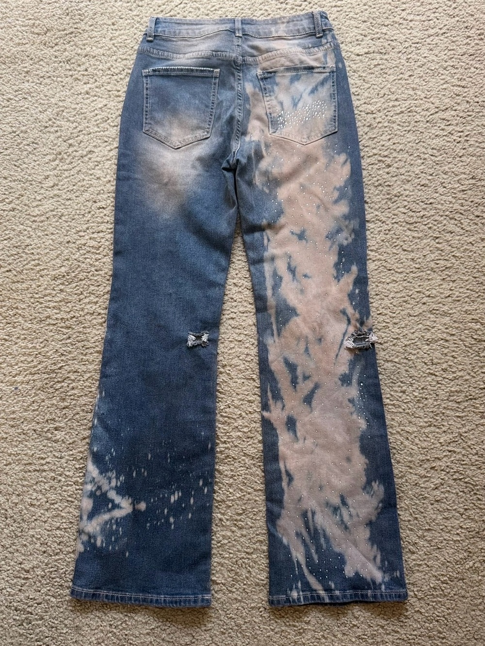 Reworked Rhinestone Artisan Bleached Distressed Wide Leg Jeans OOAK Y2K Boho XS - Picture 12 of 14